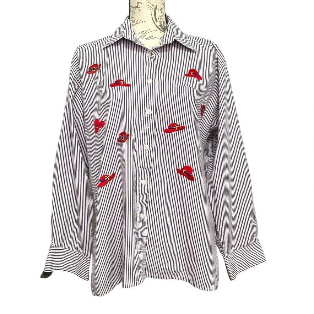 Draper's & Damon's Button Up Shirt Womens Medium Purple Striped Red Hat Society
